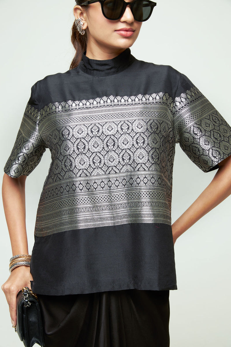 Raysa-Statement Brocade Top Skirt Set-Black silk indo-western by SOBARIKO in black for women Worldwide