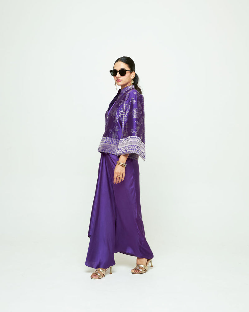 Rosa Statement Jacket Skirt Set-Purple silk, modal satin indo-western by SOBARIKO in purple for women Worldwide