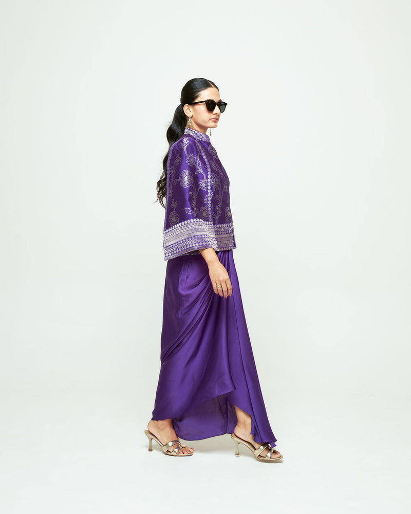 Rosa Statement Jacket Skirt Set-Purple silk, modal satin indo-western by SOBARIKO in purple for women Worldwide