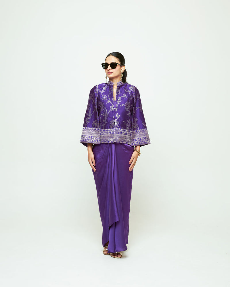 Rosa Statement Jacket Skirt Set-Purple silk, modal satin indo-western by SOBARIKO in purple for women Worldwide