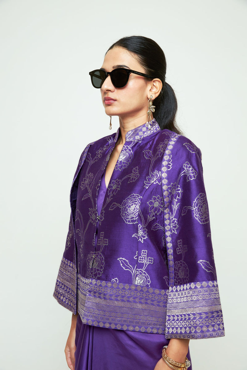 Rosa Statement Jacket Skirt Set-Purple silk, modal satin indo-western by SOBARIKO in purple for women Worldwide