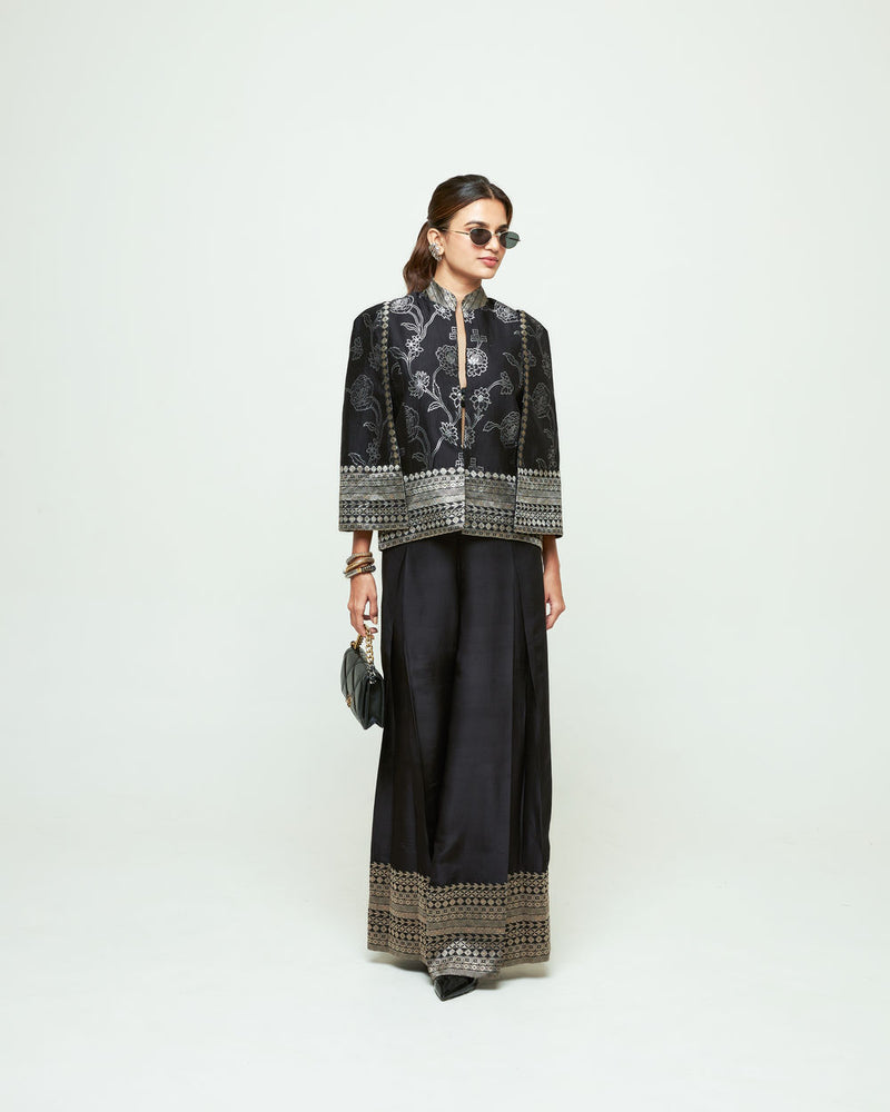 Rosa Statement Jacket Pant Set-Black silk, modal satin indo-western by SOBARIKO in purple for women Worldwide
