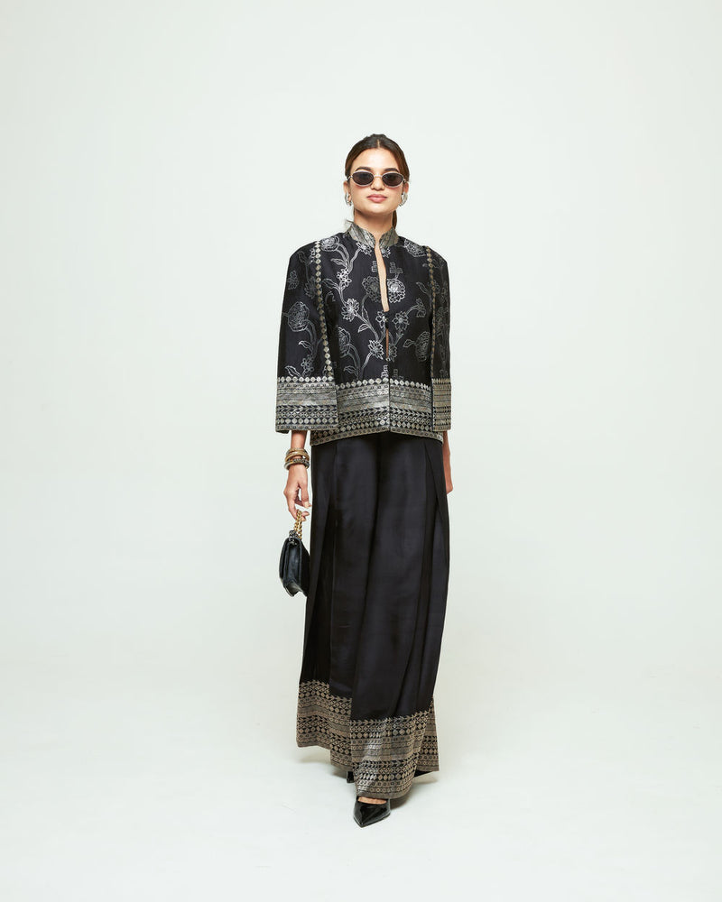 Rosa Statement Jacket Pant Set-Black silk, modal satin indo-western by SOBARIKO in purple for women Worldwide