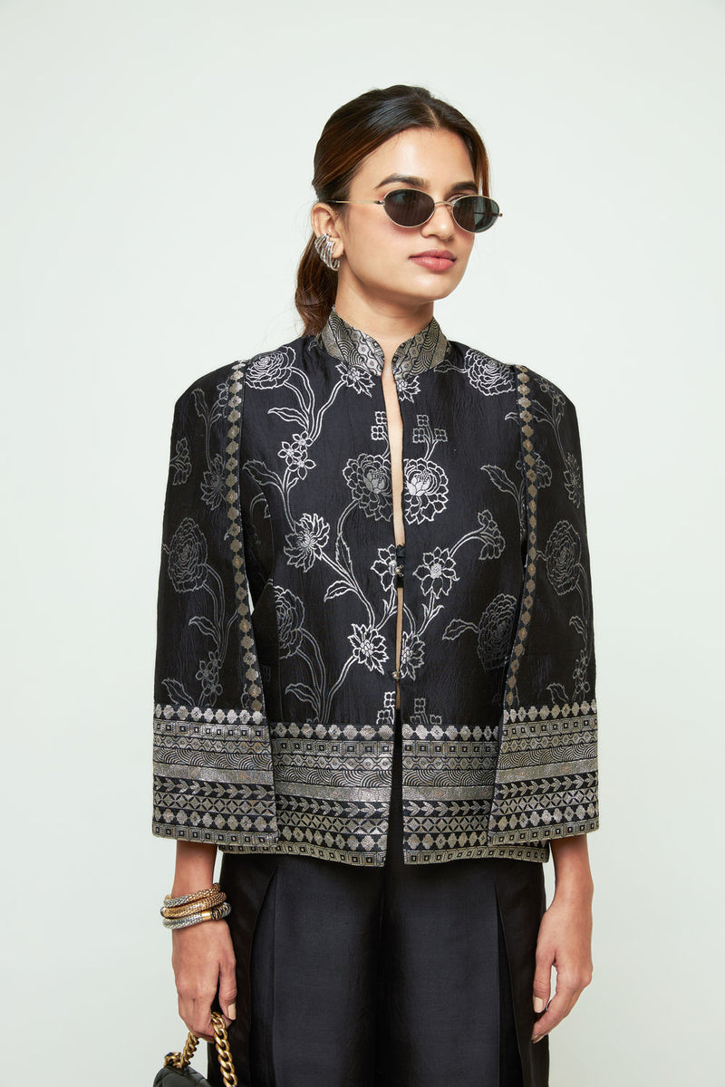 Rosa Statement Jacket Pant Set-Black silk, modal satin indo-western by SOBARIKO in purple for women Worldwide