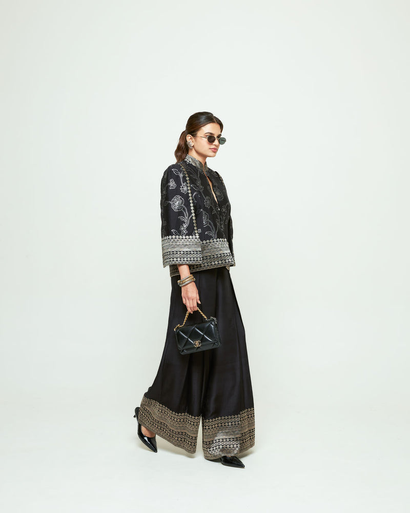 Rosa Statement Jacket Pant Set-Black silk, modal satin indo-western by SOBARIKO in purple for women Worldwide