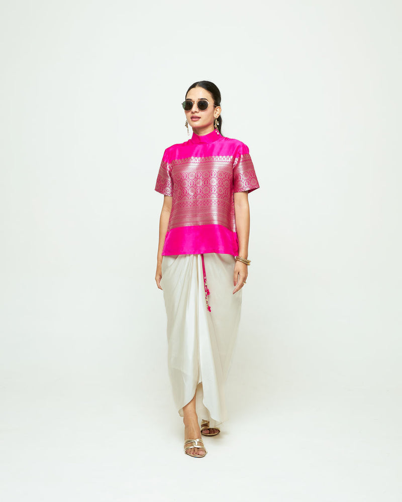 Raysa-Statement Brocade Top Skirt Set-Pink silk indo-western by SOBARIKO in pink, ivory for women Worldwide