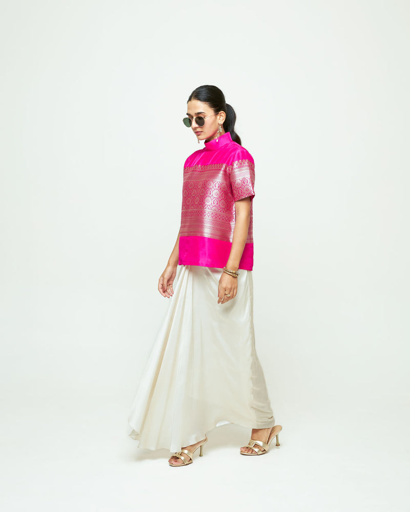 Raysa-Statement Brocade Top Skirt Set-Pink silk indo-western by SOBARIKO in pink, ivory for women Worldwide