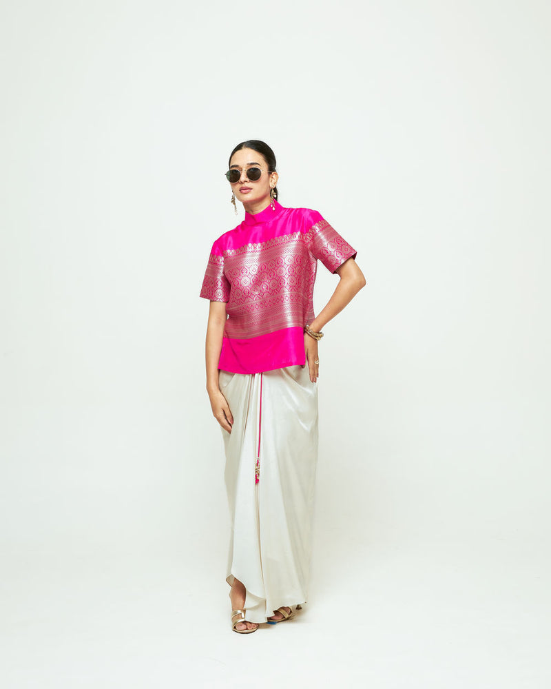 Raysa-Statement Brocade Top Skirt Set-Pink silk indo-western by SOBARIKO in pink, ivory for women Worldwide