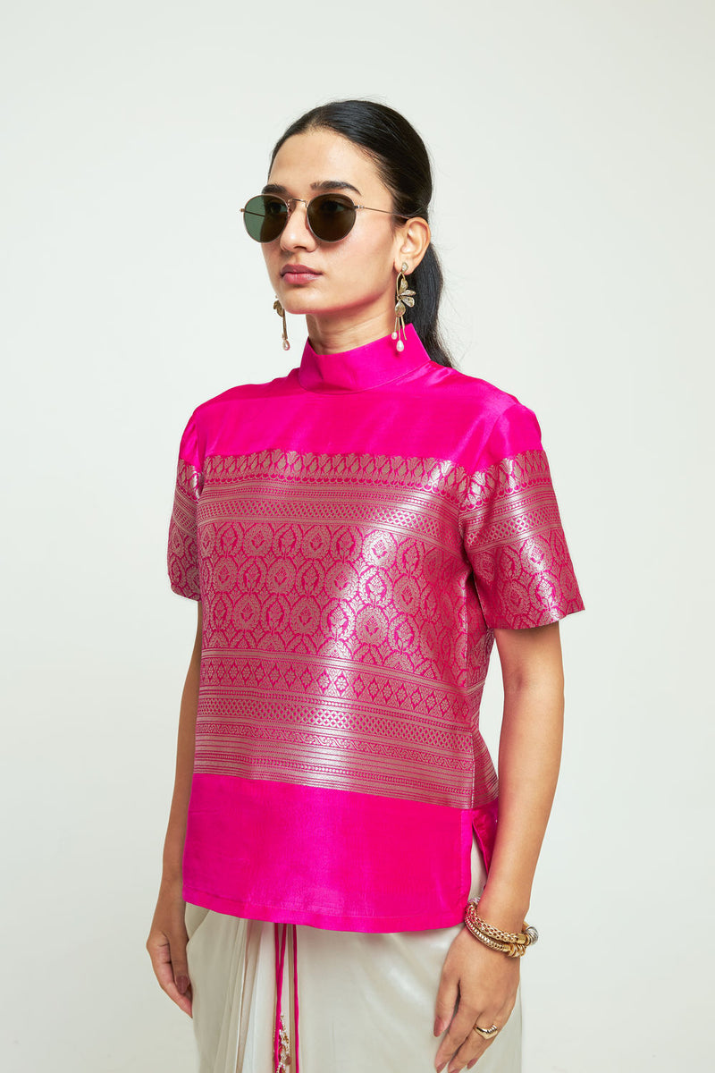 Raysa-Statement Brocade Top Skirt Set-Pink silk indo-western by SOBARIKO in pink, ivory for women Worldwide