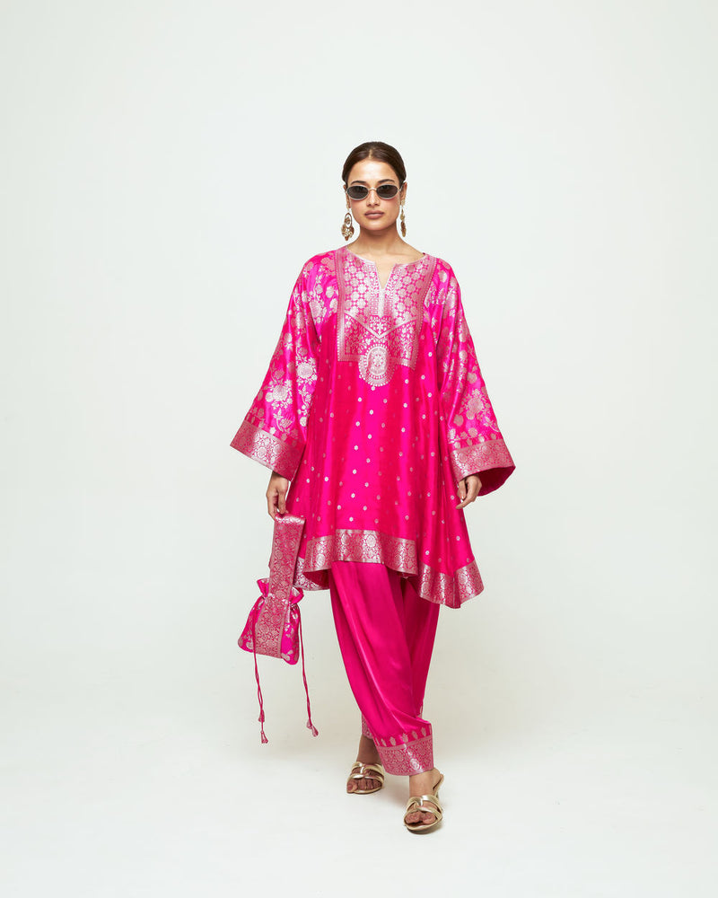 Gulnaz-Floral Brocade Choga Kurta With Farshi Salwar-Pink silk, modal satin kurta/kurta set by SOBARIKO in pink for women Worldwide