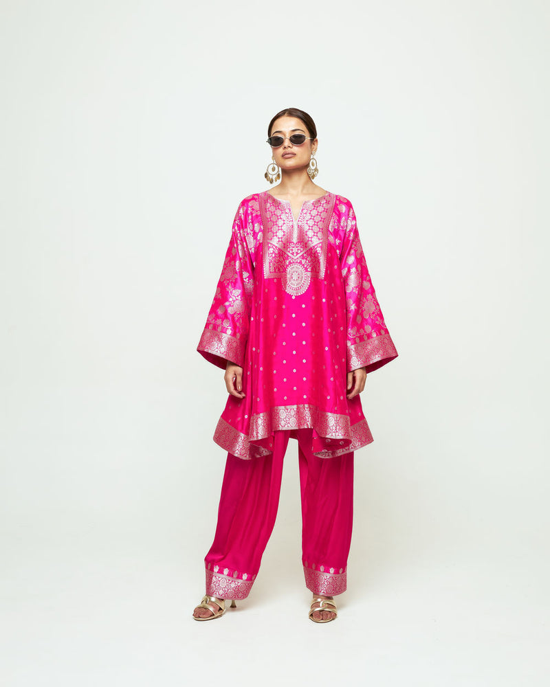 Gulnaz-Floral Brocade Choga Kurta With Farshi Salwar-Pink silk, modal satin kurta/kurta set by SOBARIKO in pink for women Worldwide