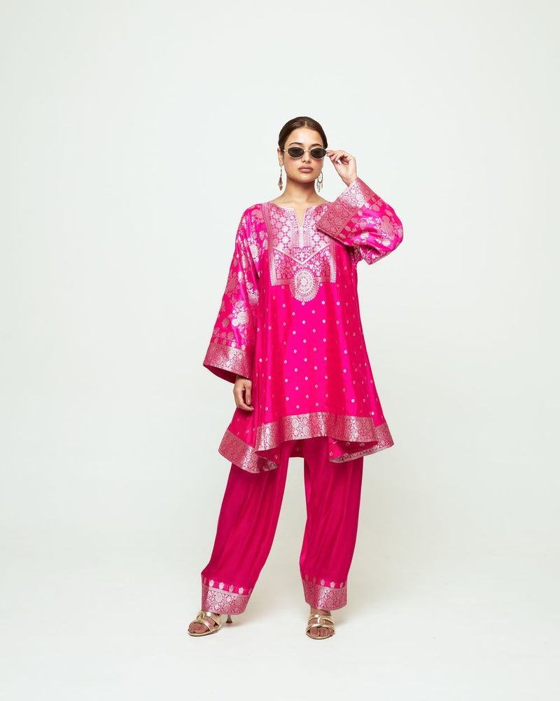 Gulnaz-Floral Brocade Choga Kurta With Farshi Salwar-Pink silk, modal satin kurta/kurta set by SOBARIKO in pink for women Worldwide