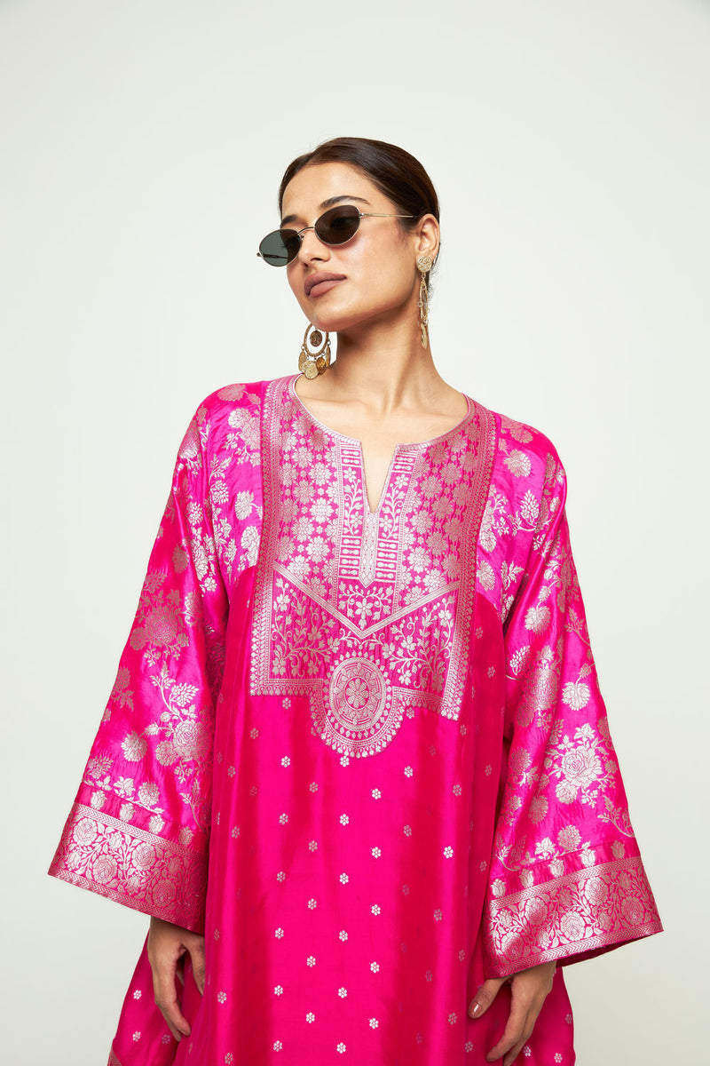 Gulnaz-Floral Brocade Choga Kurta With Farshi Salwar-Pink silk, modal satin kurta/kurta set by SOBARIKO in pink for women Worldwide