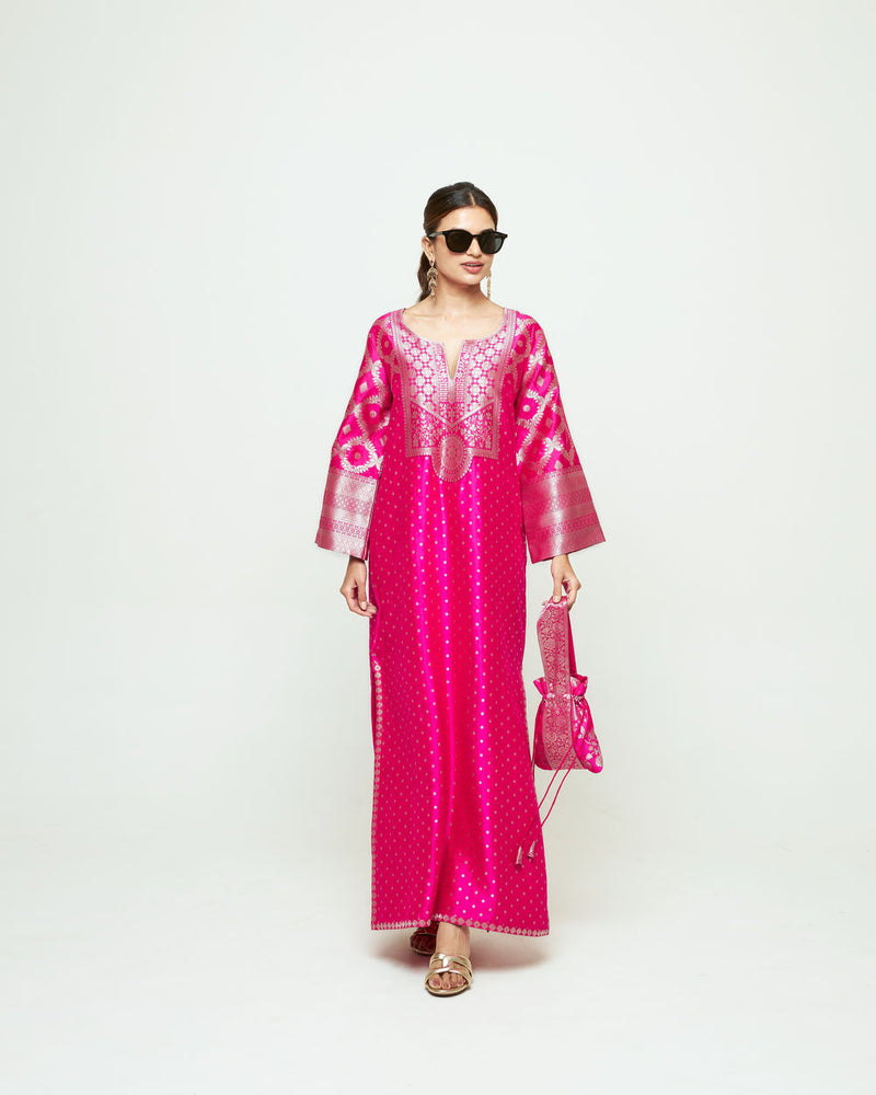 Neet-Statement Silk Kaftan With Brocade Detail silk indo-western by SOBARIKO in pink for women Worldwide