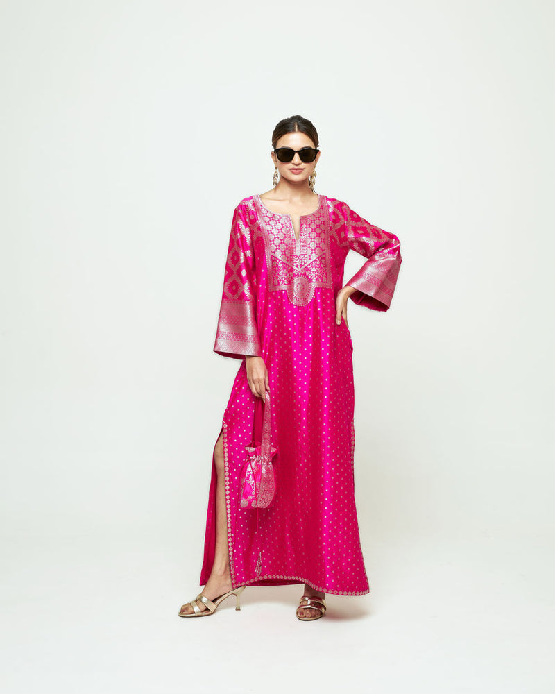 Neet-Statement Silk Kaftan With Brocade Detail silk indo-western by SOBARIKO in pink for women Worldwide