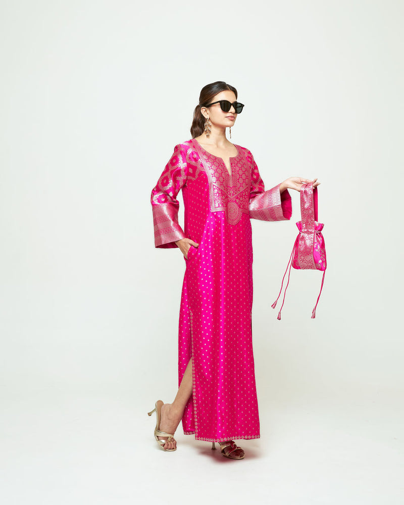 Neet-Statement Silk Kaftan With Brocade Detail silk indo-western by SOBARIKO in pink for women Worldwide