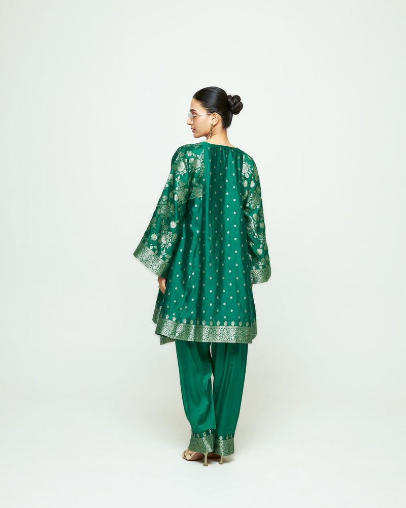 Gulnaz-Floral Brocade Choga Kurta With Farshi Salwar-Green silk, modal satin kurta/kurta set by SOBARIKO in green for women Worldwide