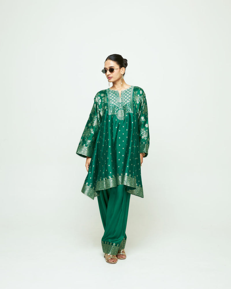 Gulnaz-Floral Brocade Choga Kurta With Farshi Salwar-Green silk, modal satin kurta/kurta set by SOBARIKO in green for women Worldwide