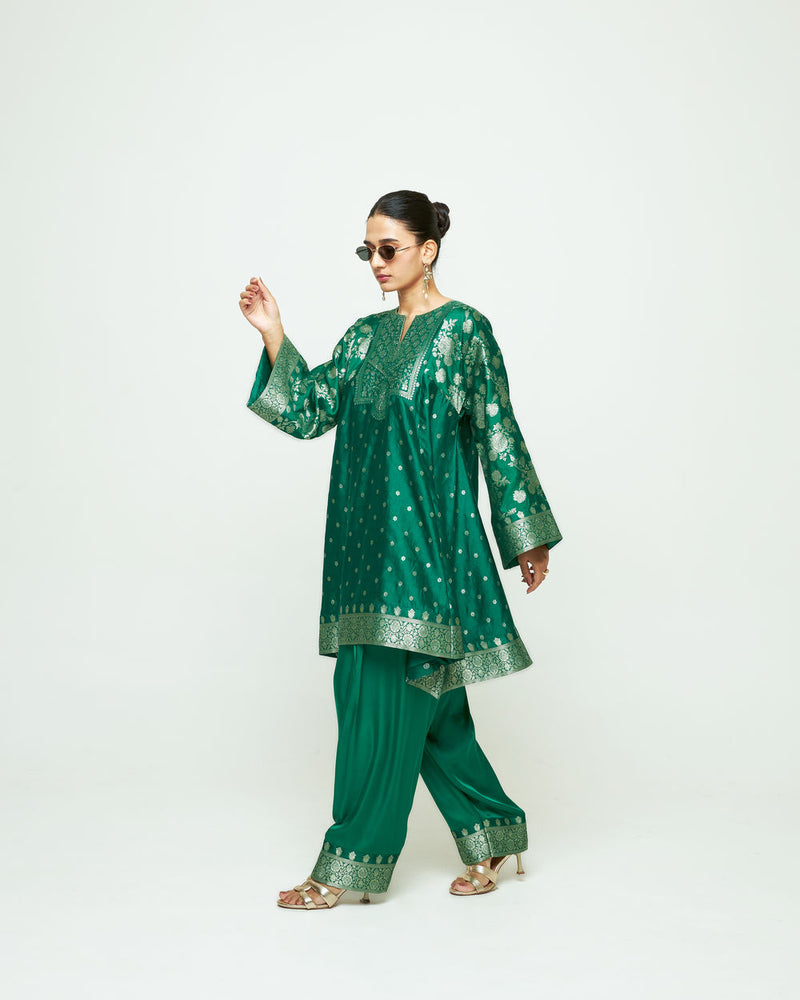 Gulnaz-Floral Brocade Choga Kurta With Farshi Salwar-Green silk, modal satin kurta/kurta set by SOBARIKO in green for women Worldwide