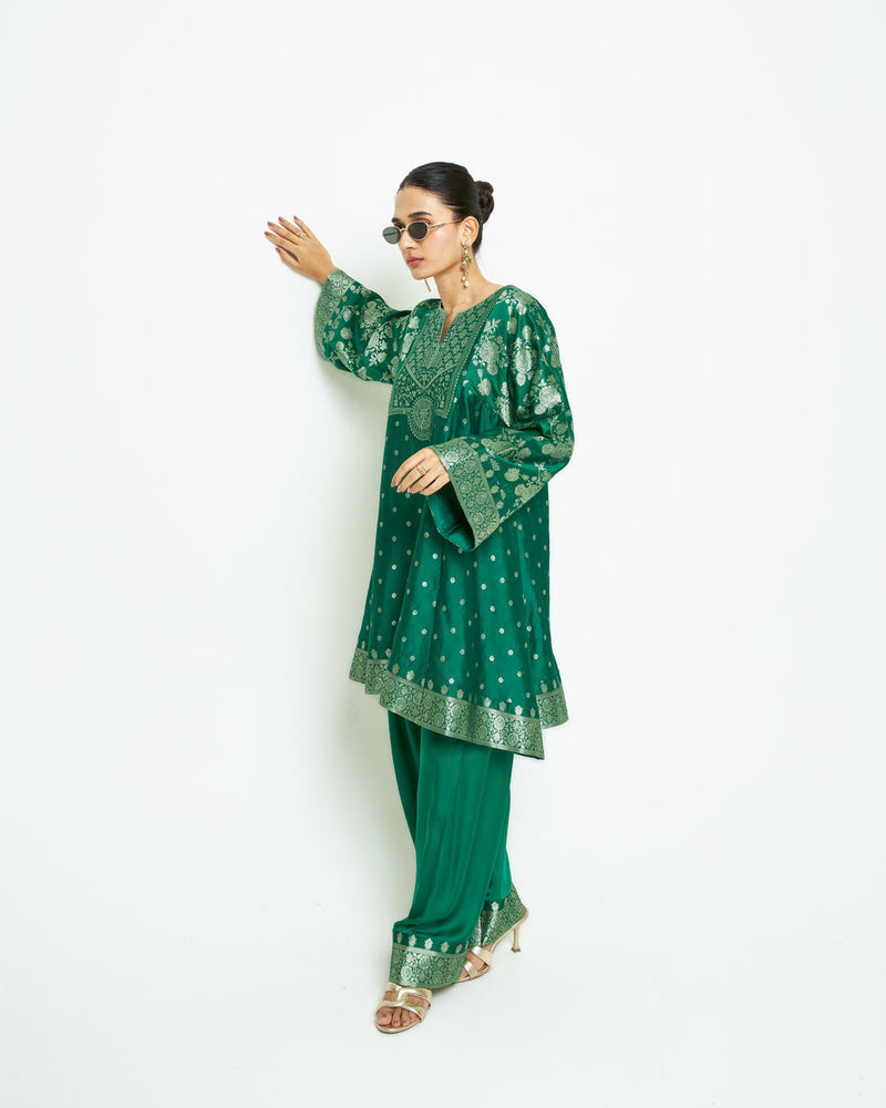 Gulnaz-Floral Brocade Choga Kurta With Farshi Salwar-Green silk, modal satin kurta/kurta set by SOBARIKO in green for women Worldwide