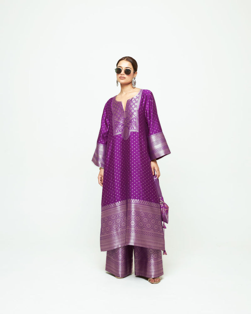 Noor-Contemporary Brocade Kurta With Pants-Purple silk kurta/kurta set by SOBARIKO in purple for women Worldwide