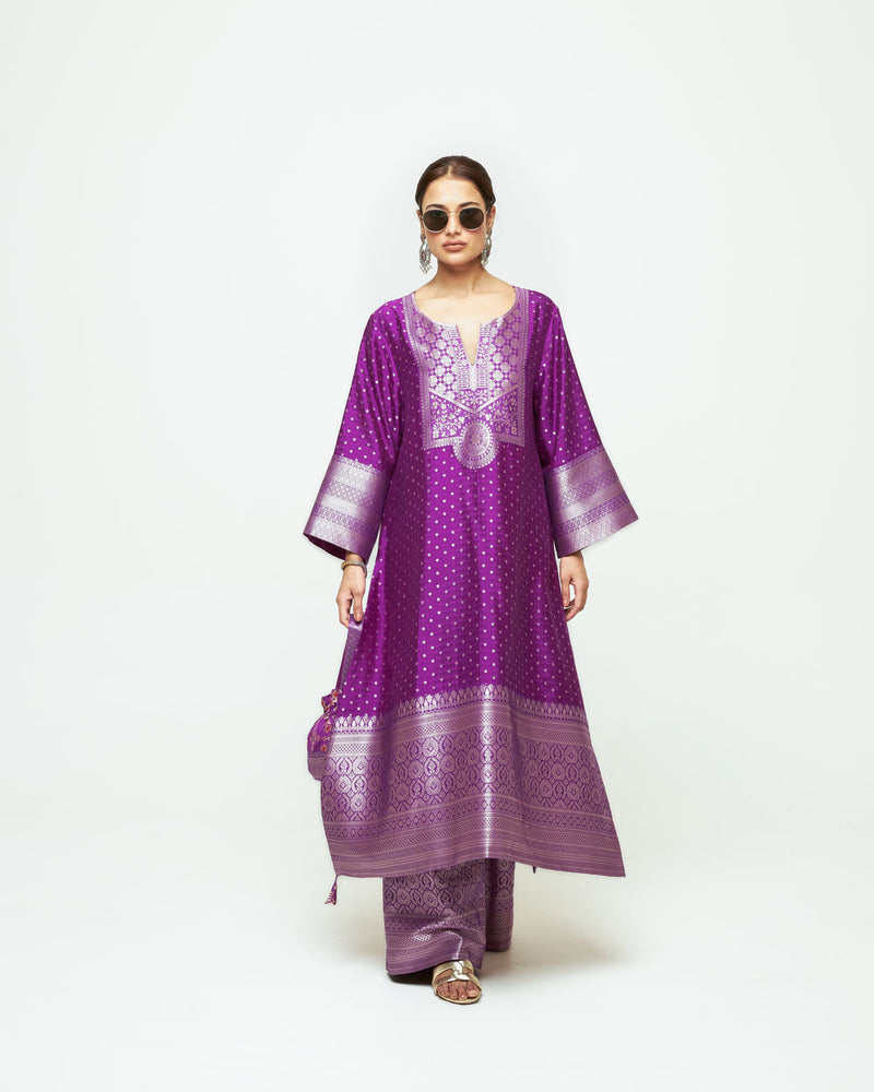 Noor-Contemporary Brocade Kurta With Pants-Purple silk kurta/kurta set by SOBARIKO in purple for women Worldwide