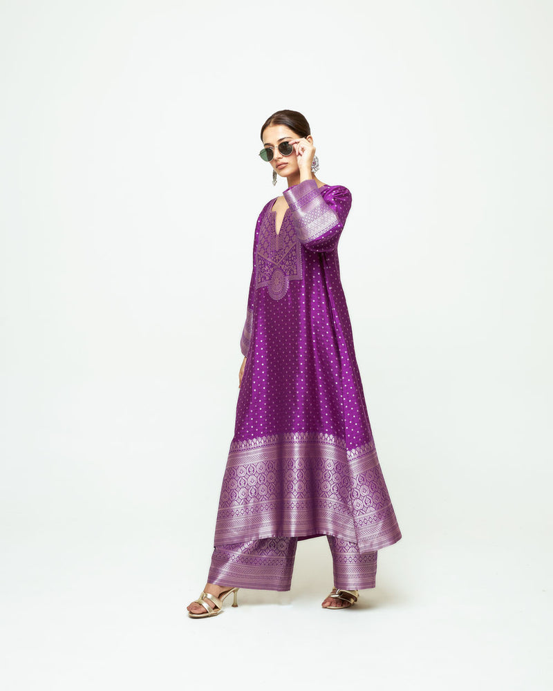 Noor-Contemporary Brocade Kurta With Pants-Purple silk kurta/kurta set by SOBARIKO in purple for women Worldwide
