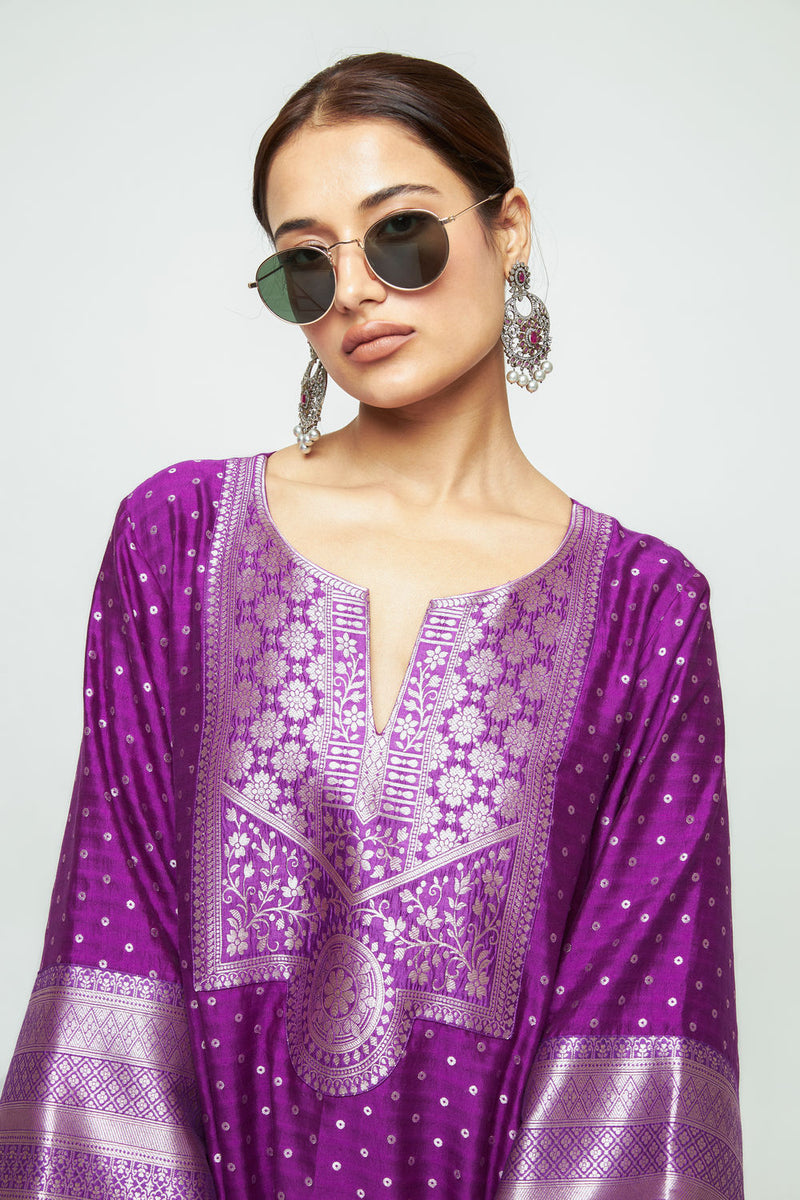 Noor-Contemporary Brocade Kurta With Pants-Purple silk kurta/kurta set by SOBARIKO in purple for women Worldwide