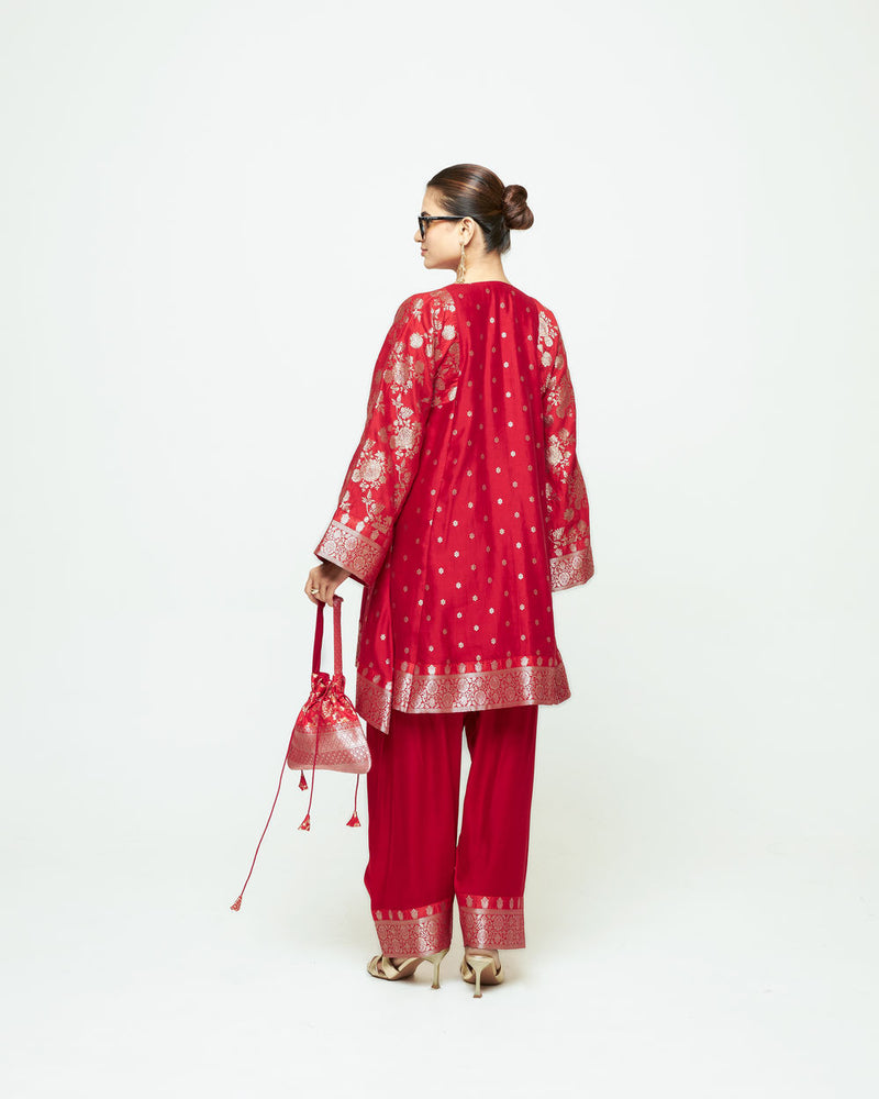 Gulnaz-Floral Brocade Choga Kurta With Farshi Salwar-Red silk, modal satin kurta/kurta set by SOBARIKO in red for women Worldwide