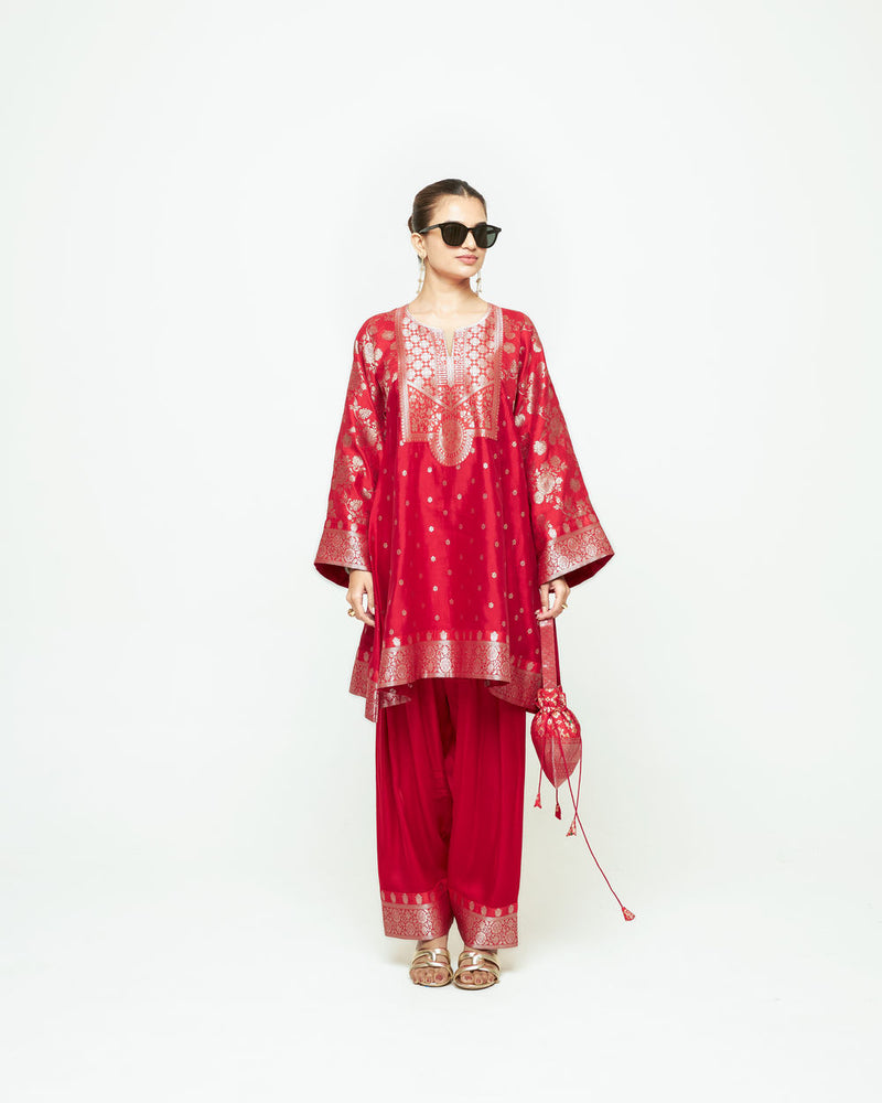 Gulnaz-Floral Brocade Choga Kurta With Farshi Salwar-Red silk, modal satin kurta/kurta set by SOBARIKO in red for women Worldwide