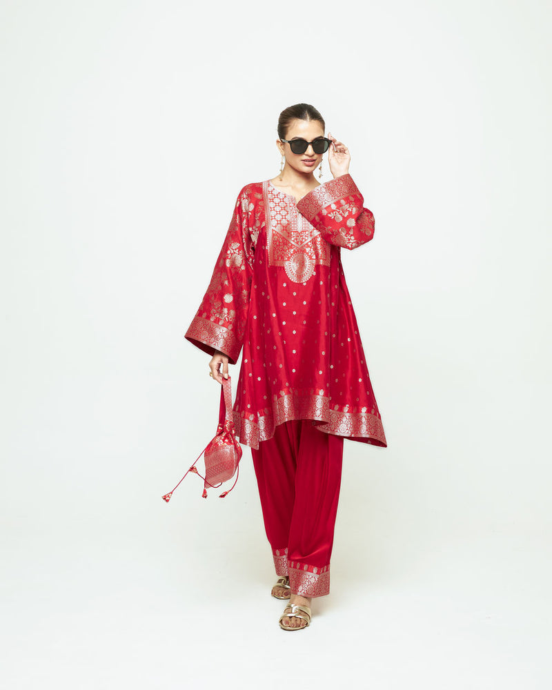 Gulnaz-Floral Brocade Choga Kurta With Farshi Salwar-Red silk, modal satin kurta/kurta set by SOBARIKO in red for women Worldwide