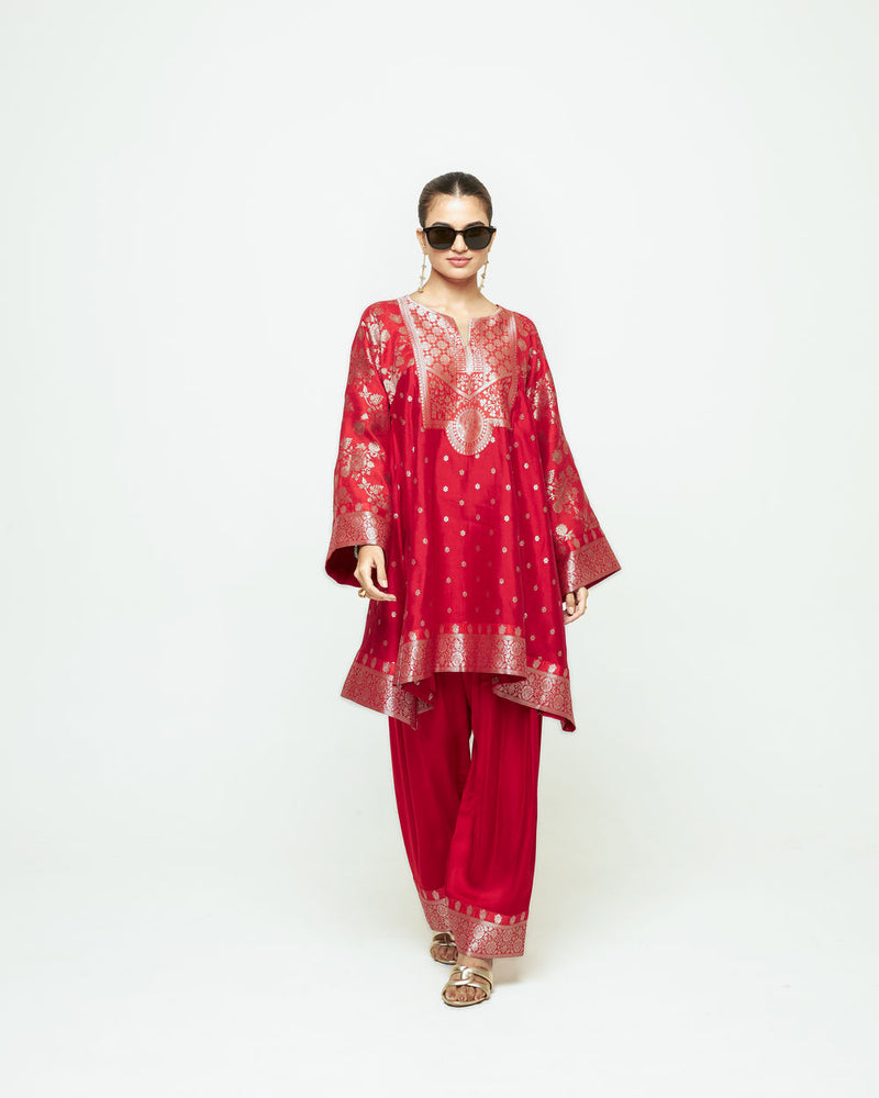 Gulnaz-Floral Brocade Choga Kurta With Farshi Salwar-Red silk, modal satin kurta/kurta set by SOBARIKO in red for women Worldwide