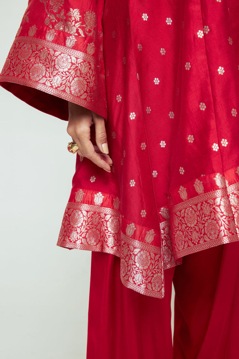 Gulnaz-Floral Brocade Choga Kurta With Farshi Salwar-Red silk, modal satin kurta/kurta set by SOBARIKO in red for women Worldwide