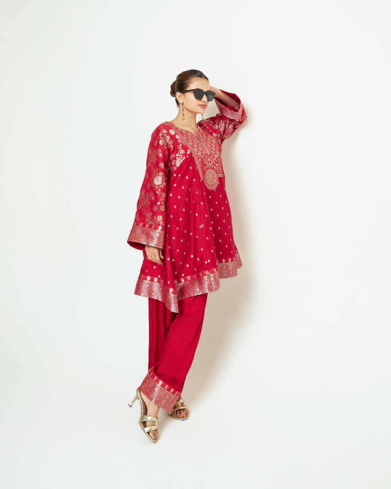 Gulnaz-Floral Brocade Choga Kurta With Farshi Salwar-Red silk, modal satin kurta/kurta set by SOBARIKO in red for women Worldwide