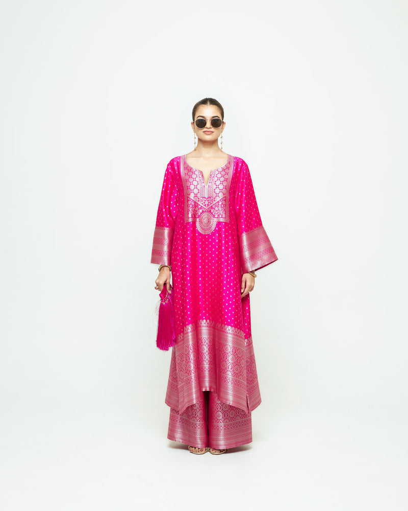 Noor-Contemporary Brocade Kurta With Pants-Pink silk kurta/kurta set by SOBARIKO in pink for women Worldwide