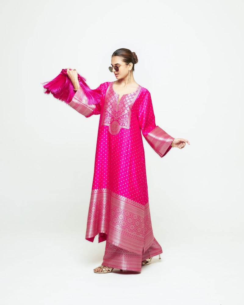 Noor-Contemporary Brocade Kurta With Pants-Pink silk kurta/kurta set by SOBARIKO in pink for women Worldwide