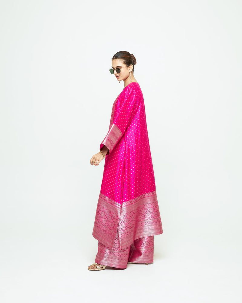 Noor-Contemporary Brocade Kurta With Pants-Pink silk kurta/kurta set by SOBARIKO in pink for women Worldwide