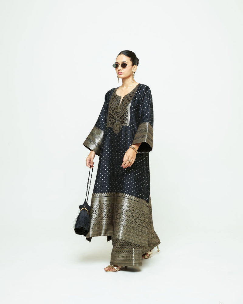 Noor-Contemporary Brocade Kurta With Pants-Black silk kurta/kurta set by SOBARIKO in black for women Worldwide