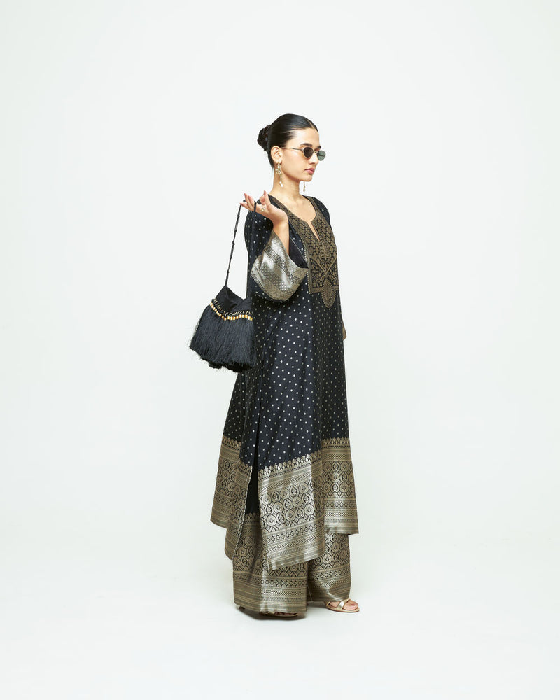 Noor-Contemporary Brocade Kurta With Pants-Black silk kurta/kurta set by SOBARIKO in black for women Worldwide