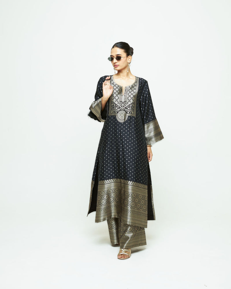 Noor-Contemporary Brocade Kurta With Pants-Black silk kurta/kurta set by SOBARIKO in black for women Worldwide