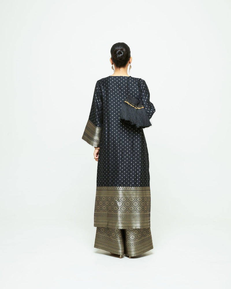 Noor-Contemporary Brocade Kurta With Pants-Black silk kurta/kurta set by SOBARIKO in black for women Worldwide