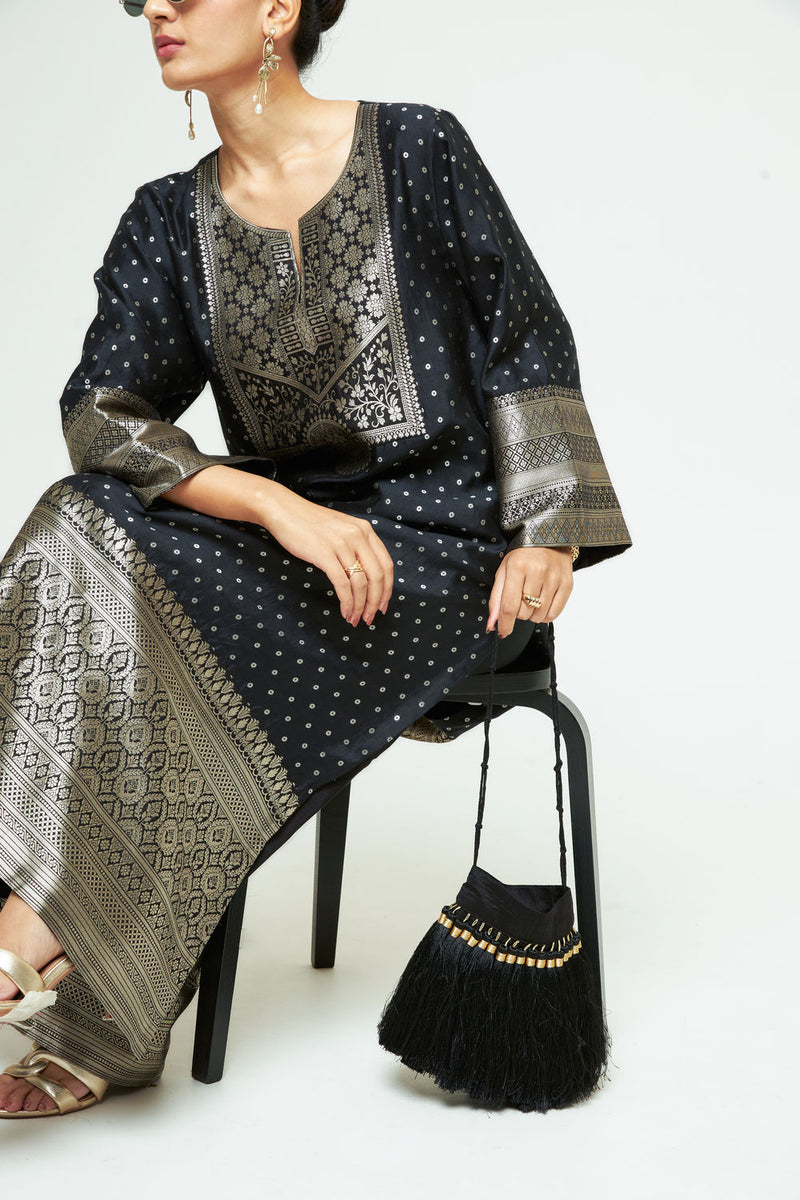 Neet-Statement Brocade Silk Kaftan silk indo-western by SOBARIKO in black for women Worldwide