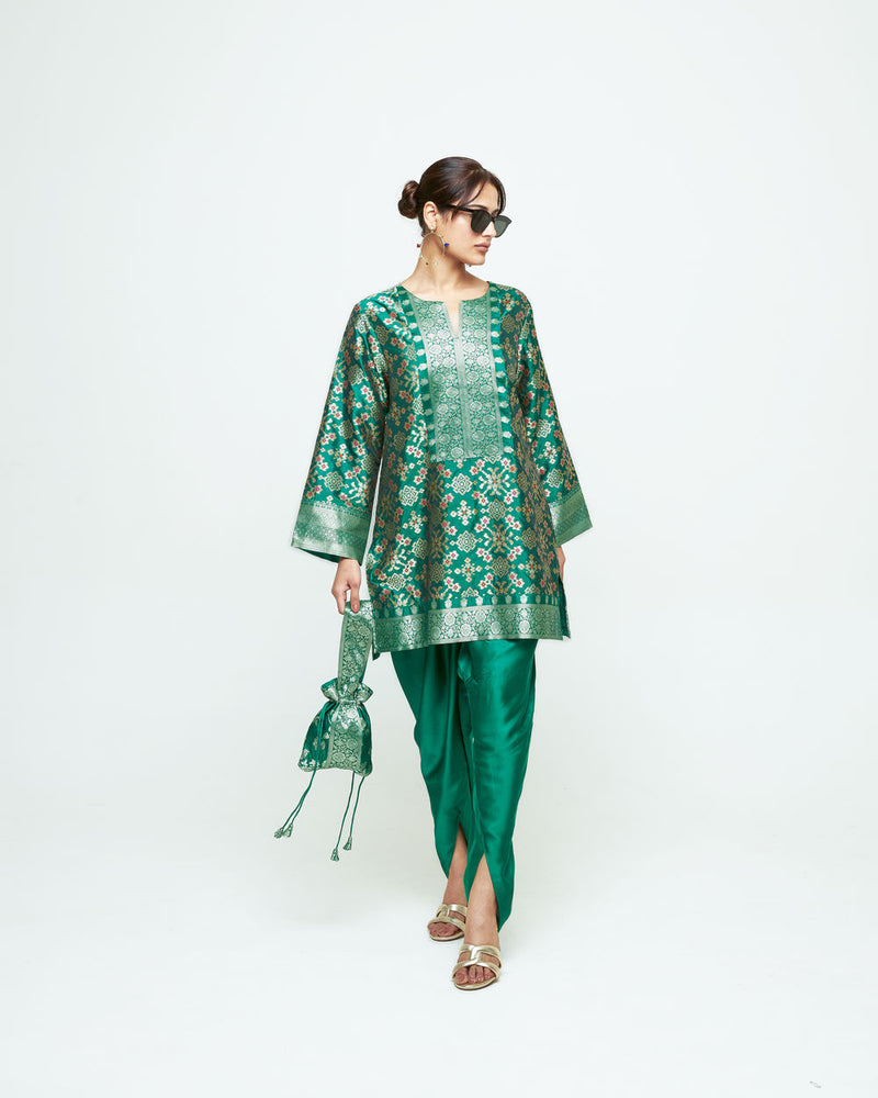Meena-Brocade Short Kurta With Dhoti-Green silk and modal satin kurta/kurta set by SOBARIKO in green for women Worldwide