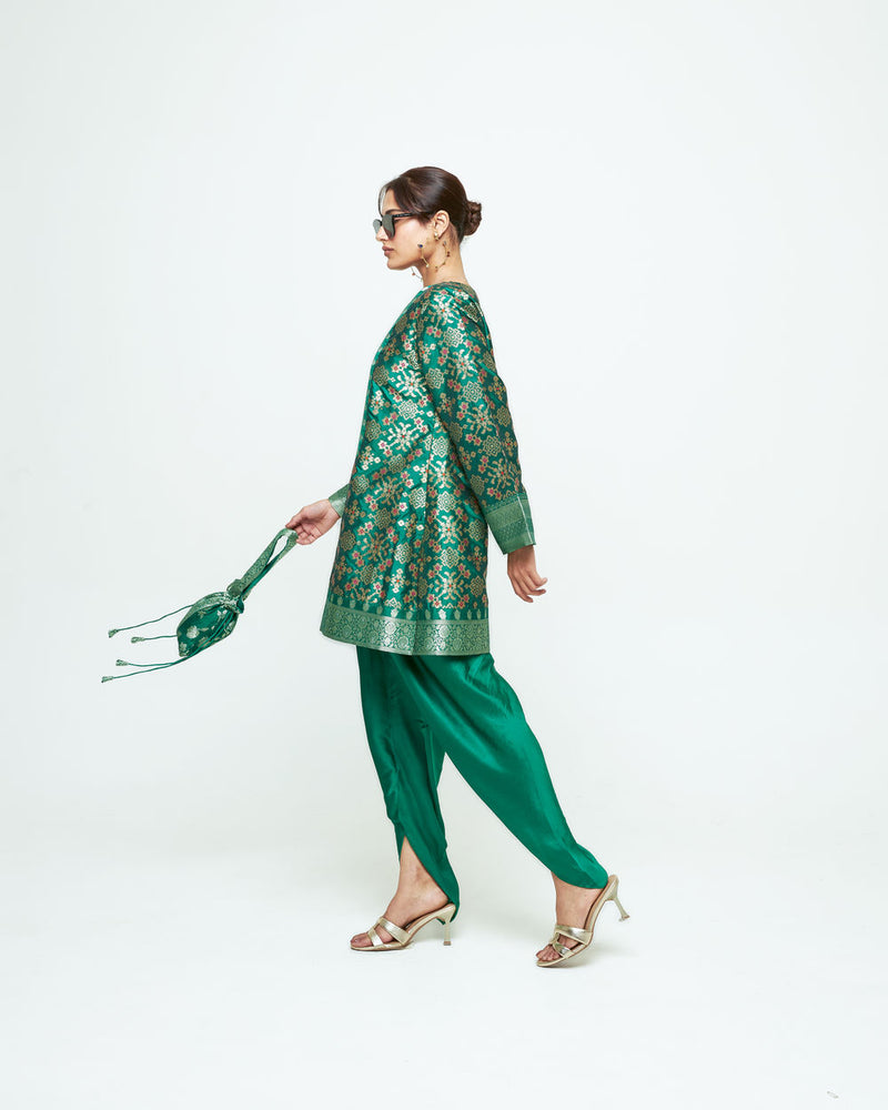 Meena-Brocade Short Kurta With Dhoti-Green silk and modal satin kurta/kurta set by SOBARIKO in green for women Worldwide