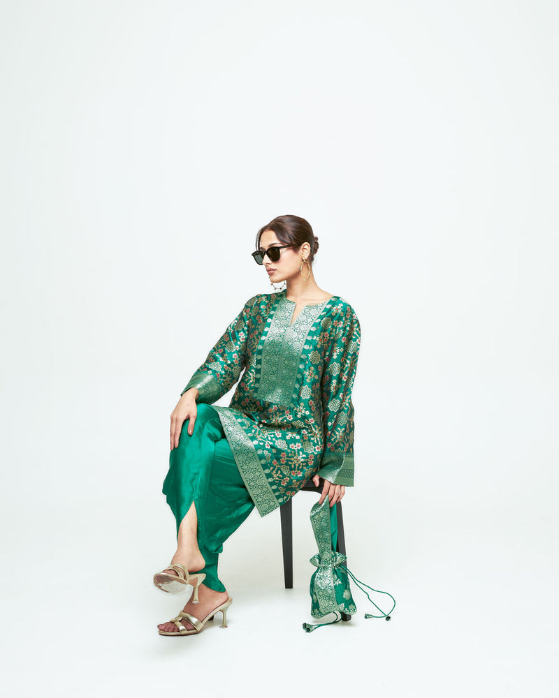 Meena-Brocade Short Kurta With Dhoti-Green silk and modal satin kurta/kurta set by SOBARIKO in green for women Worldwide