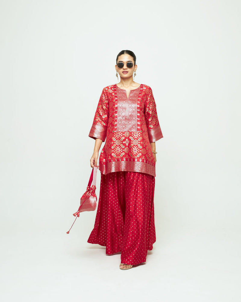 Meena Red Kurta Sharara Set silk kurta/kurta set by SOBARIKO in red for women Worldwide