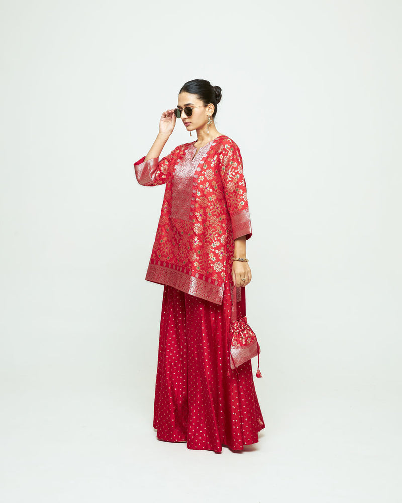 Meena Red Kurta Sharara Set silk kurta/kurta set by SOBARIKO in red for women Worldwide