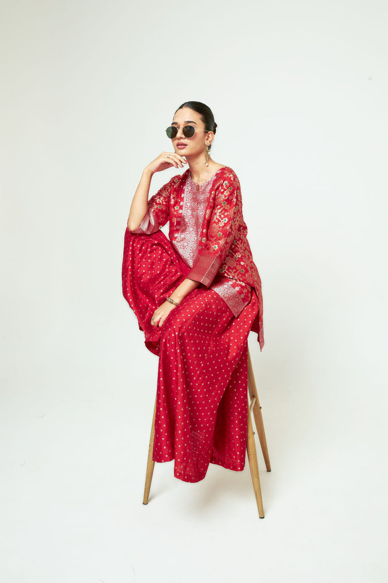 Meena Red Kurta Sharara Set silk kurta/kurta set by SOBARIKO in red for women Worldwide