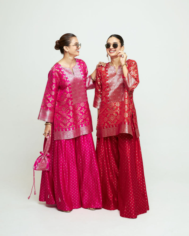 Meena Red Kurta Sharara Set silk kurta/kurta set by SOBARIKO in red for women Worldwide