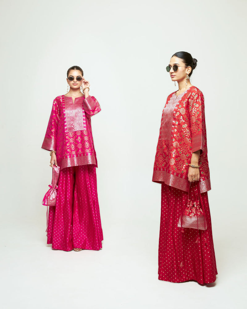Meena Red Kurta Sharara Set silk kurta/kurta set by SOBARIKO in red for women Worldwide